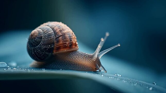 Close-up View of a Snail Crawling on a Green Leaf with Water Droplets