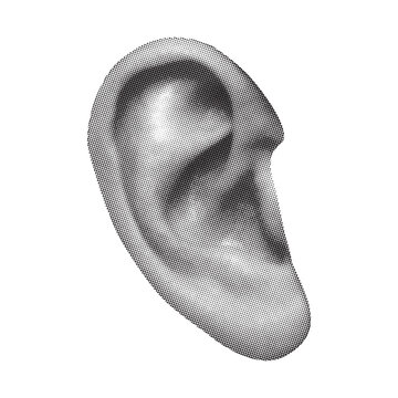 Human ear in halftone texture, dotted pop art style, Close-up Macro of Human Ear Anatomy, Isolated on White Background, Sensory Organ Detail, Hearing and Listening Concept