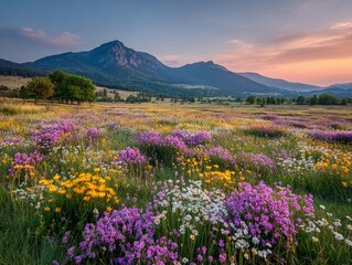 Fototapeta premium Colorful wildflowers bloom in a valley with mountains during sunset in an open landscape