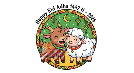 Happy Eid Adha 1447 H - 2026 Greeting Card with Cute Goat and Sheep Illustration.