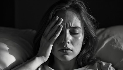 Fototapeta premium Young woman feels migraine pain in bed. Her hand covers face eyes, brow furrowed in agony. Light and shadow creates dramatic effect on suffering.