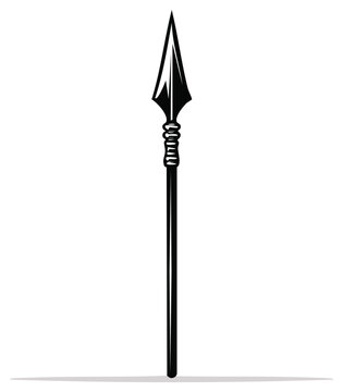 Monochrome antique spear illustration, weapon drawing with long shaft and sharp arrowhead. Historical military equipment vector.