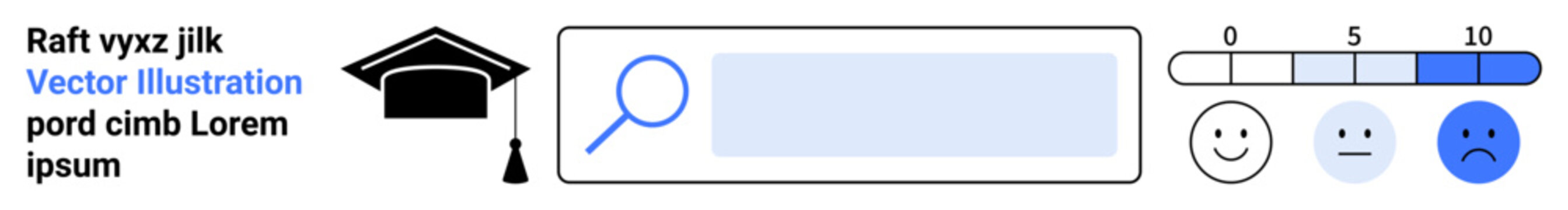 Online learning, user satisfaction, educational tools, performance evaluation, feedback collection, survey systems. Search bar with a magnifying glass, graduation cap and satisfaction scale. Online