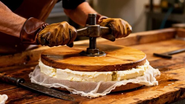 Closeup medium shot capturing hands securing a screw press atop round cheese molds applying controlled pressure for firm textured cheese blocks in a traditional cheese workshop.