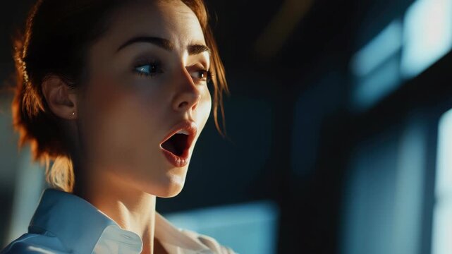 A female officer with a stern and confident expression, looking directly into the camera in an interior room bathed in soft light.