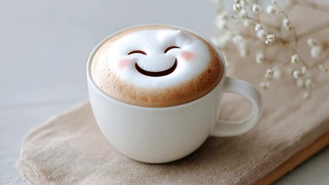 Adorable latte art with smiling face and milk pouring into coffee cup