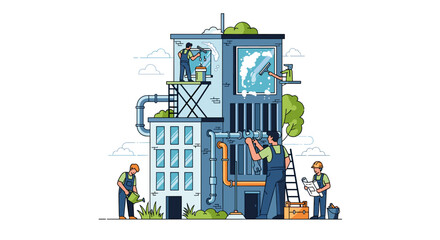 Maintenance Workers on Industrial Building Exterior.