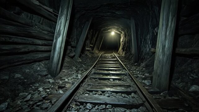 A dark, narrow tunnel with tracks leads to a distant light source, supported by wooden beams