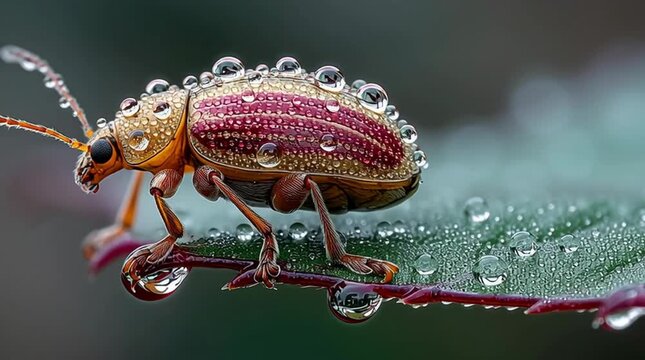 Close-Up View of Colorful Beetle with Water Droplets on Leaf Surface