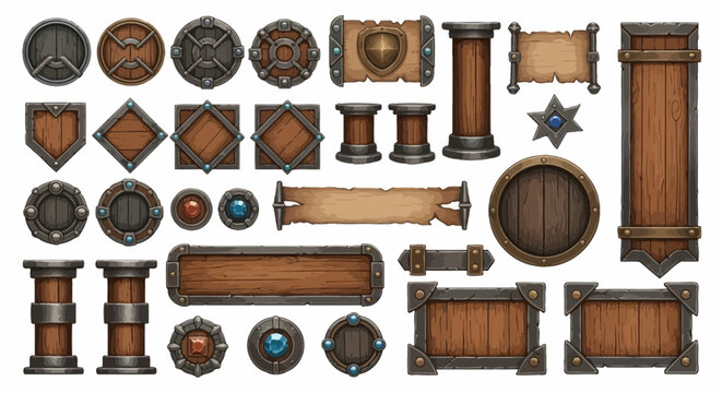 Set of medieval fantasy game interface elements, including ornate wooden frames, rugged metal shields, gemstone buttons, and vintage scroll banners for RPG designs