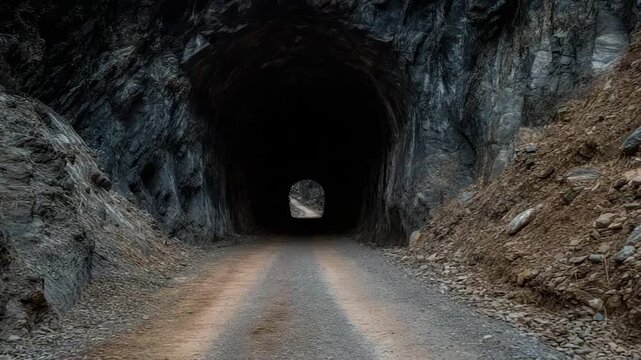 A dark tunnel of rock, leading to a distant light, with a gravel path winding through