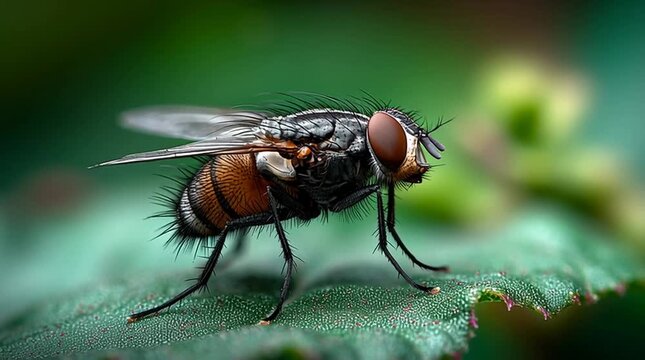 Close-up of a Black Fly Resting on a Leaf in Nature's Green Environment