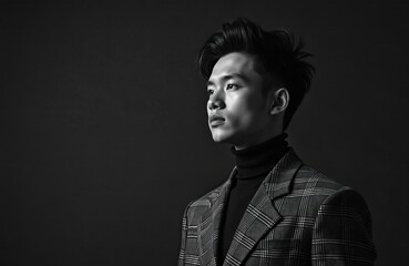 Obraz premium Young man in plaid blazer and turtleneck looks thoughtfully to side. Monochrome studio portrait features stylish hair and sharp profile. Clean background emphasizes his modern, confident appearance.