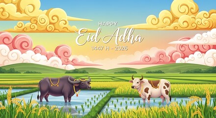 Naklejka premium Eid al Adha celebration with cows and buffalo in a rice paddy field.