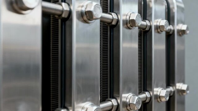 Assembled pasteurizer plate heat exchanger in medium shot showing sleek stainless steel plates tightly aligned with visible bolts and seals.