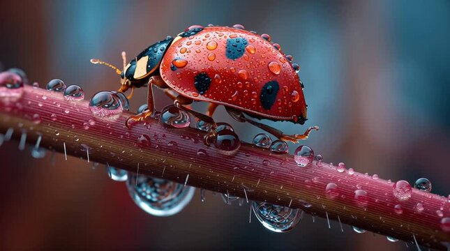 Close-Up of Vibrant Ladybug on a Water-Drenched Branch with Raindrops