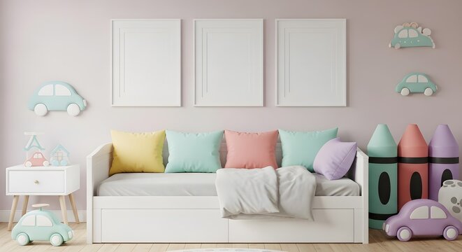 A bright and inviting children's room features a comfortable daybed adorned with colorful pastel pillows, three blank picture frames on the wall, and playful car-shaped decorations, creating a cozy.