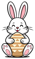 Obraz premium Cute white bunny rabbit holding a decorated Easter egg