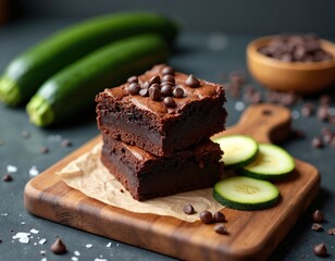 Chocolate zucchini brownies stacked on a wooden board. Fresh courgettes and chocolate chips nearby. Moist homemade dessert looks delicious and healthy. Perfect for baking blogs.