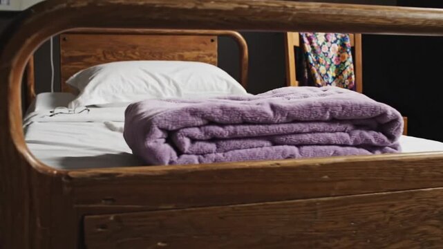 Cozy rustic wooden bed with soft white bedding and plush purple blanket, serene interior, warm lighting, peaceful atmosphere, inviting relaxation, homely ambiance, natural textures, and soot