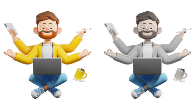 3D cartoon man meditating with multiple arms and devices