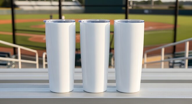 Three blank white tumblers with lids and straws are neatly arranged on metal bleachers at a baseball stadium, ready for custom branding or personalization.