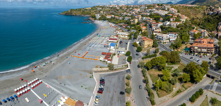 Panoramic aerial view of the seafront and the city of Scalea, located in the province of Cosenza, Italy. It is a summer tourist destination on the Tyrrhenian coast of Calabria. It's a summer morning.
