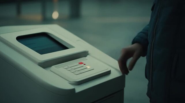 A hand presses a red button on a touchscreen device. A dark jacket sleeve is in frame