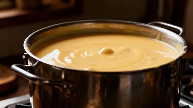 Close medium view focusing on the smooth glossy surface of condensed milk inside a jacketed kettle with visible steam showcasing traditional slowcooking techniques.