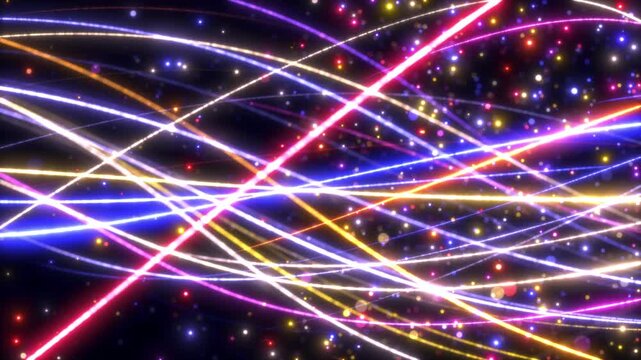 ランダムに伸びる曲線と光の粒 ループ背景 赤色と青色と黄色