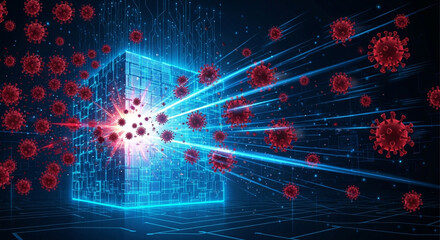 Obraz premium A highly detailed visual representation of viruses emerging from a glowing digital cube with intricate circuit patterns and light beams spreading across a dark background