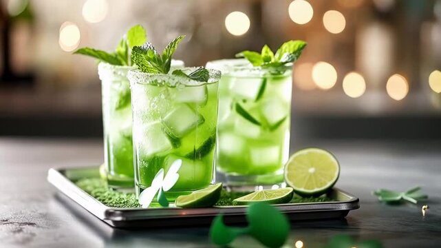Refreshing mint mojito cocktails with lime garnish in festive atmosphere