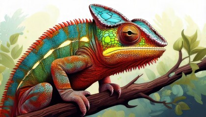 Fototapeta premium Colorful Chameleon on Branch - A Vibrant Wildlife Illustration.