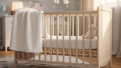 Soft blanket rests in a crib with a teddy bear in a bright nursery filled with furniture during the day