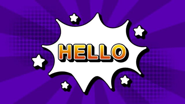 Hello text word lettering popup comic cartoon reveal with bomb and smoke explosion manga anime book page dots with radial speed lines doodle violet background with seamless loop animation retro sign
