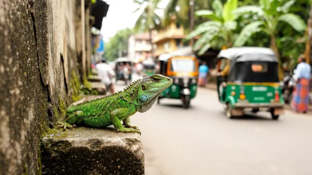 Lizard resting on a wall in a street in India with rickshaws and motorbikes passing by on a sunny day