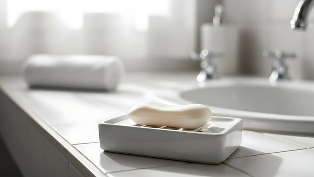Dish with bar of soap and discarded items on bathroom countertop in a bright space with a sink and towels