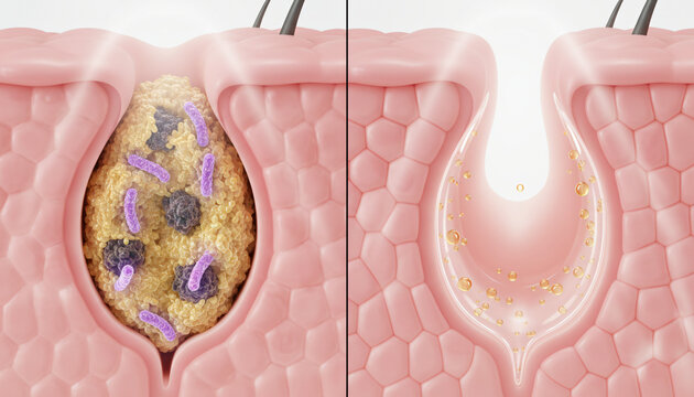 Clogged skin pore before and after deep cleansing - Dermatology treatment and cosmetic serum advertising