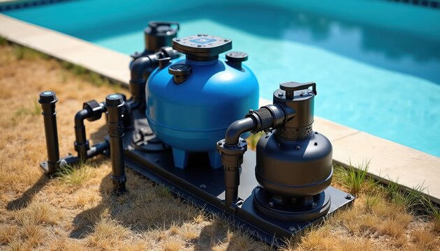 Modern pool filtration pump system near clear blue water. Equipment cleans water, maintains hygiene, ensures safe swimming. Pro installation and maintenance services.