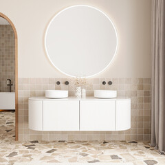 Contemporary floating vanity bathroom with terrazzo flooring and LED mirror 3d render © leymandesign