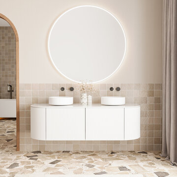 Contemporary floating vanity bathroom with terrazzo flooring and LED mirror 3d render