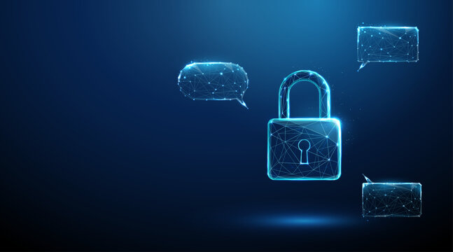 3d padlock surrounded by speech bubbles. Secure communication, data protection, access control, user interaction, cybersecurity, confidential conversation concept.