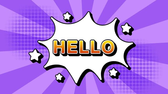 Hello text word lettering popup comic cartoon reveal with bomb and smoke explosion manga anime book page dots with radial speed lines doodle purple background with seamless loop animation retro