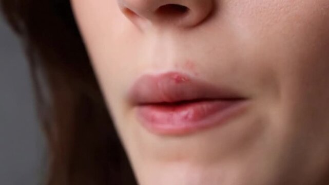 Lips show a cold sore on the upper lip with surrounding skin visible