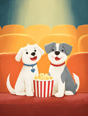 Adorable cartoon dogs sharing popcorn at cinema, friendship illustration for children