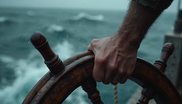 Weathered hand grips ancient wooden ship wheel navigating rough stormy sea. Sailor controls vessel through rough ocean waves and heavy rain, maintaining direction.