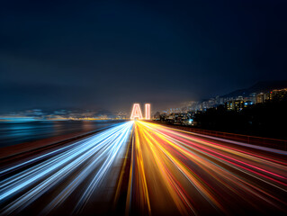 High speed data highway leading to glowing AI sign in smart city