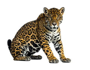 Obraz premium Jaguar seated with alert gaze showcasing its golden fur and distinctive black rosettes