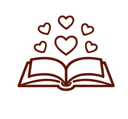 Open book with hearts floating above in simple line art style  