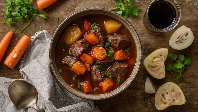 Hearty Irish beef stew slow-cooked with Guinness, tender chunks of beef, carrots and potatoes in a rich dark gravy, warm comforting pub-style dish.